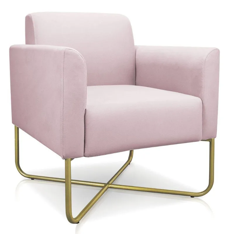 Poltrona Marisa Suede Base X Industrial Dourado Rosa Bebê
