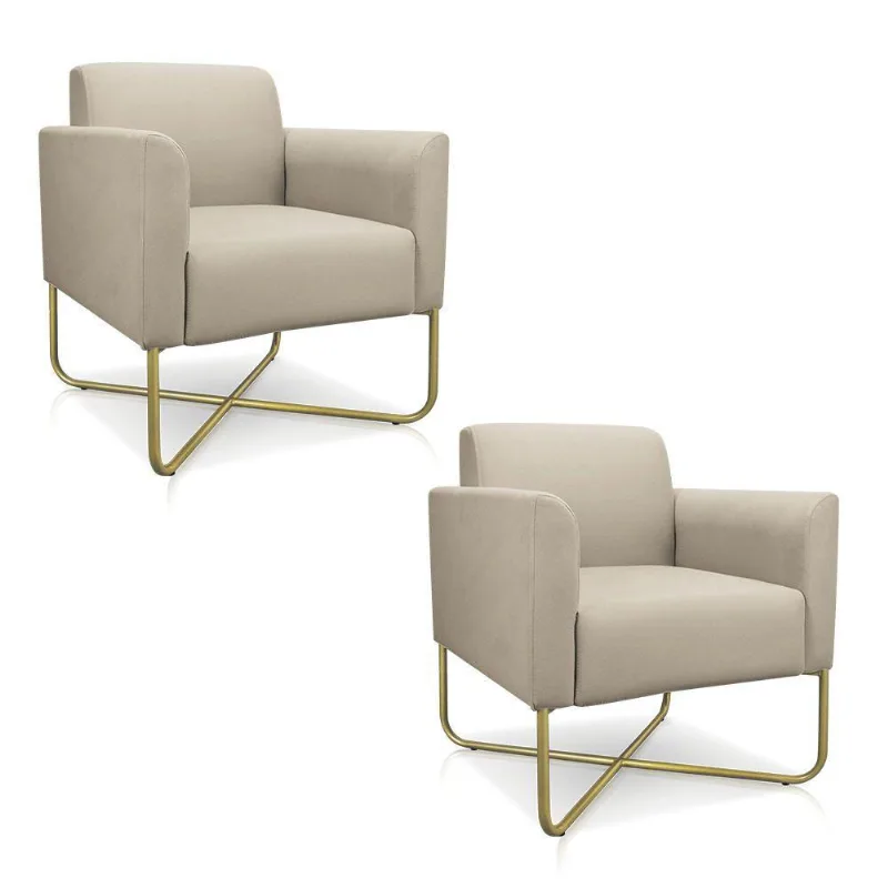 Kit 02 Poltronas Marisa Suede Bege Base X Industrial D´rossi