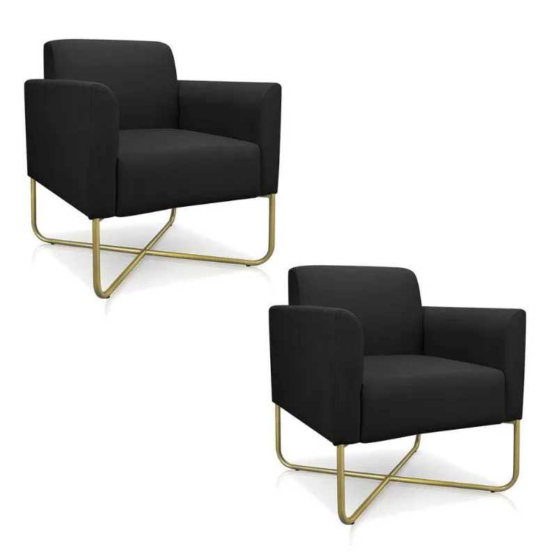 02 Poltronas Marisa Suede Preto Base X Industrial Dourada