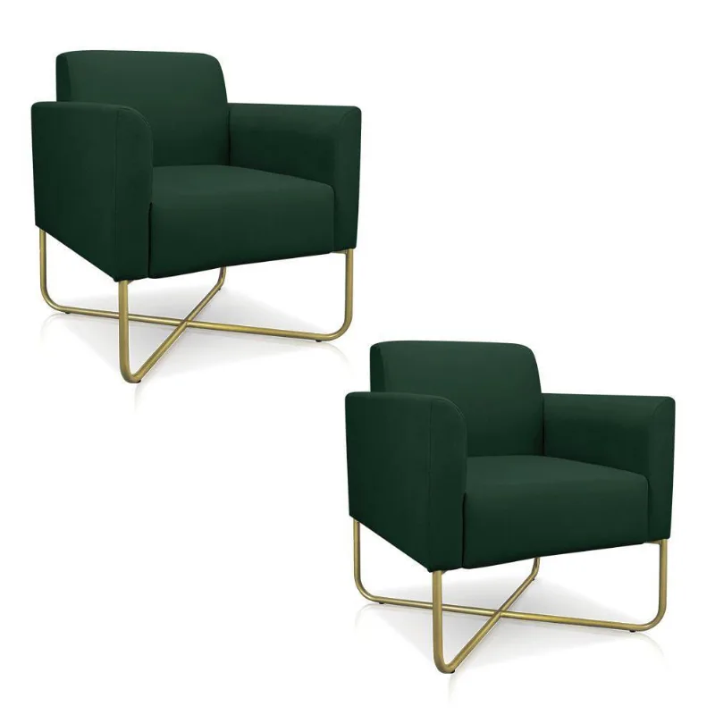 02 Poltronas Marisa Suede Verde Base X Industrial Dourada