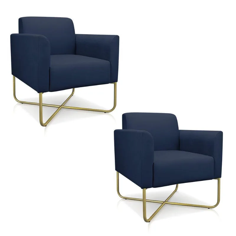 02 Poltronas Marisa Suede Base X Dourada Azul Marinho
