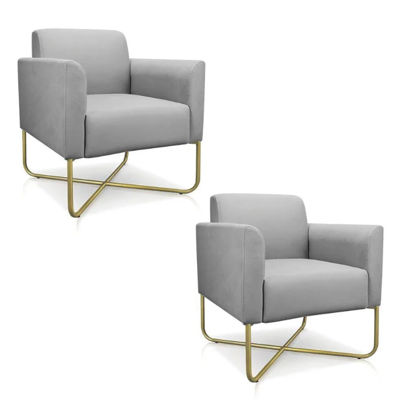 02 Poltronas Marisa Suede Base X Industrial Dourada Cinza