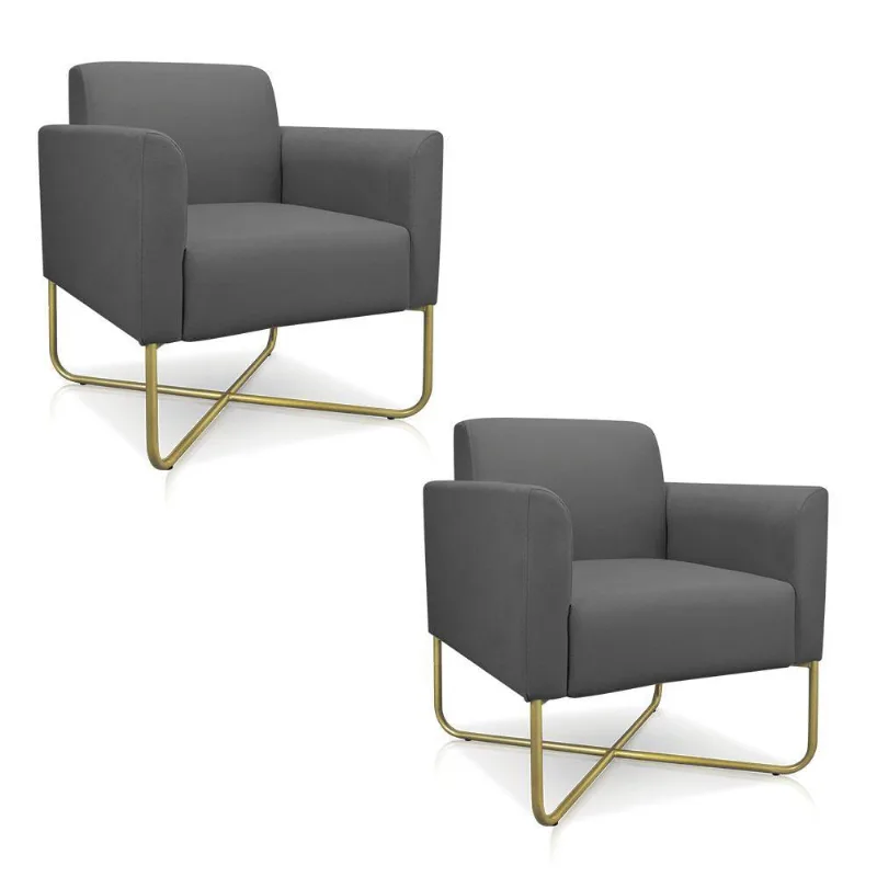 02 Poltronas Marisa Suede Base X Industrial Dourada Grafite