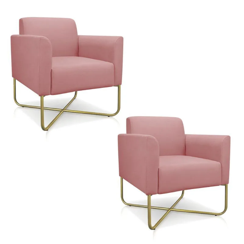Kit 02 Poltronas Marisa Suede Base X Industrial Dourada Rose