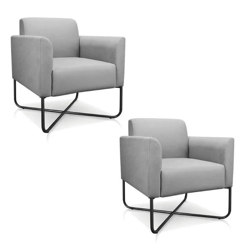 Kit 02 Poltronas Marisa Suede Cinza Base X Industrial Preta