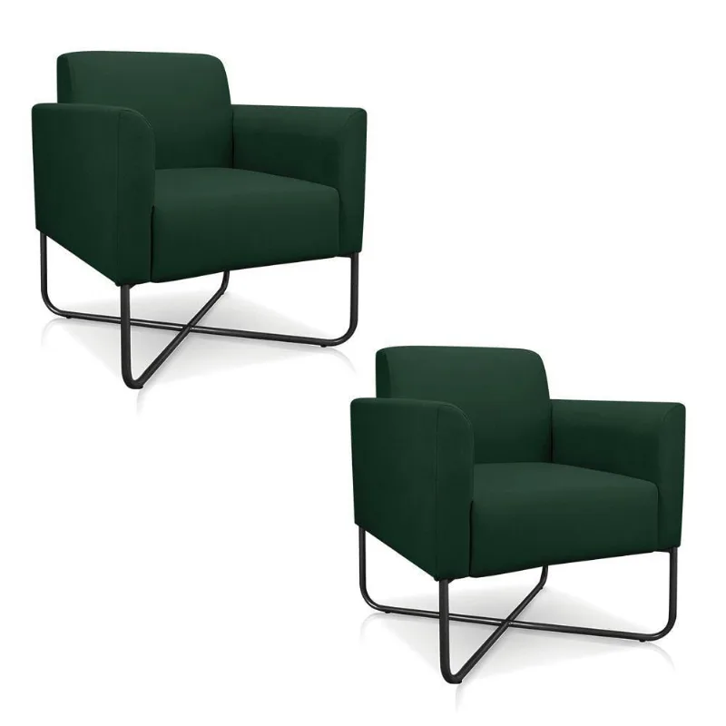 Kit 02 Poltronas Marisa Suede Preta Base X Industrial Verde