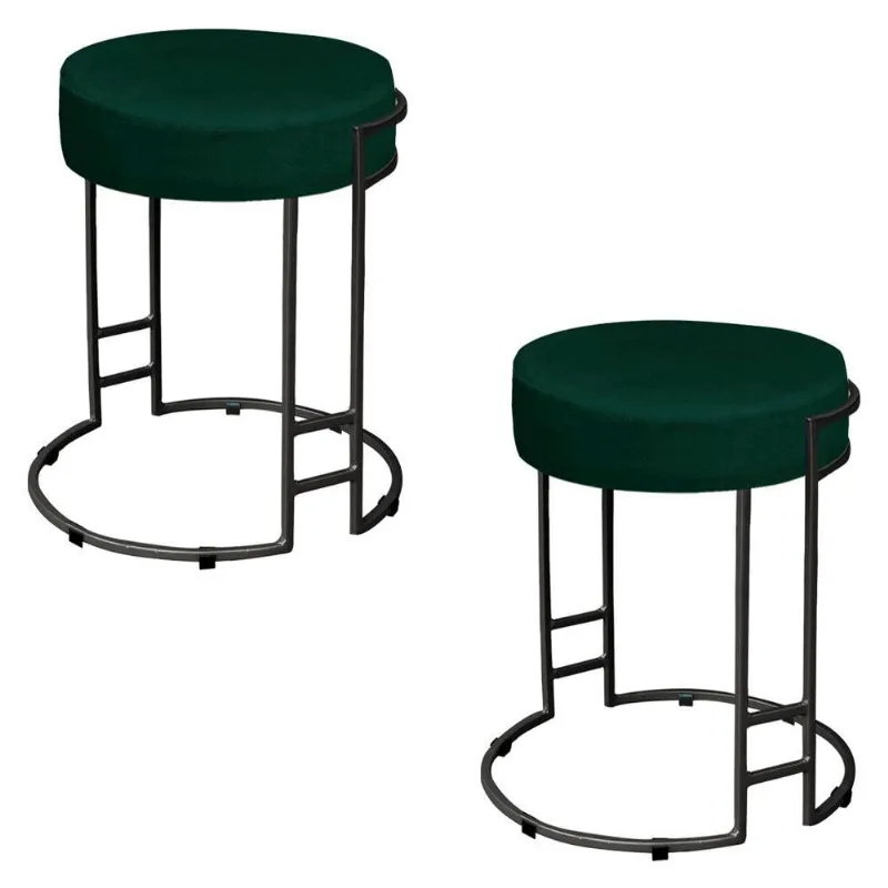 Kit 02 Puffs Dara Suede Base Industrial Preto Verde
