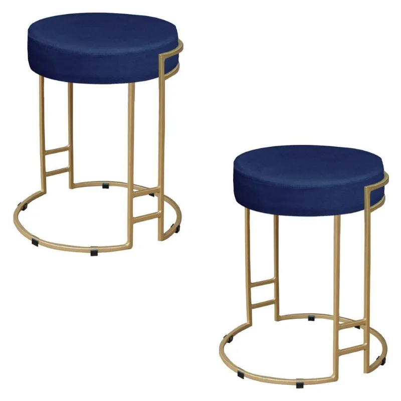 Kit 02 Puffs Dara Suede Azul Marinho Base Industrial Dourado