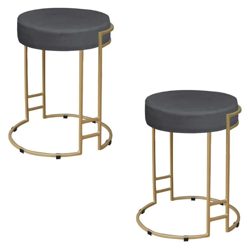 Kit 02 Puffs Dara Suede Cinza Base Industrial Dourado