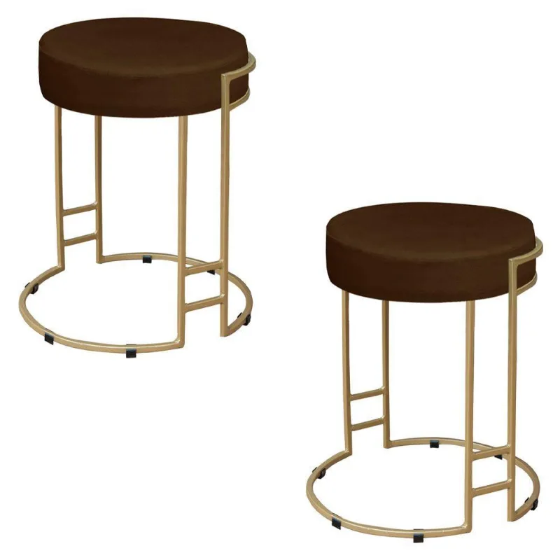 Kit 02 Puffs Dara Suede Marrom Base Industrial Dourado