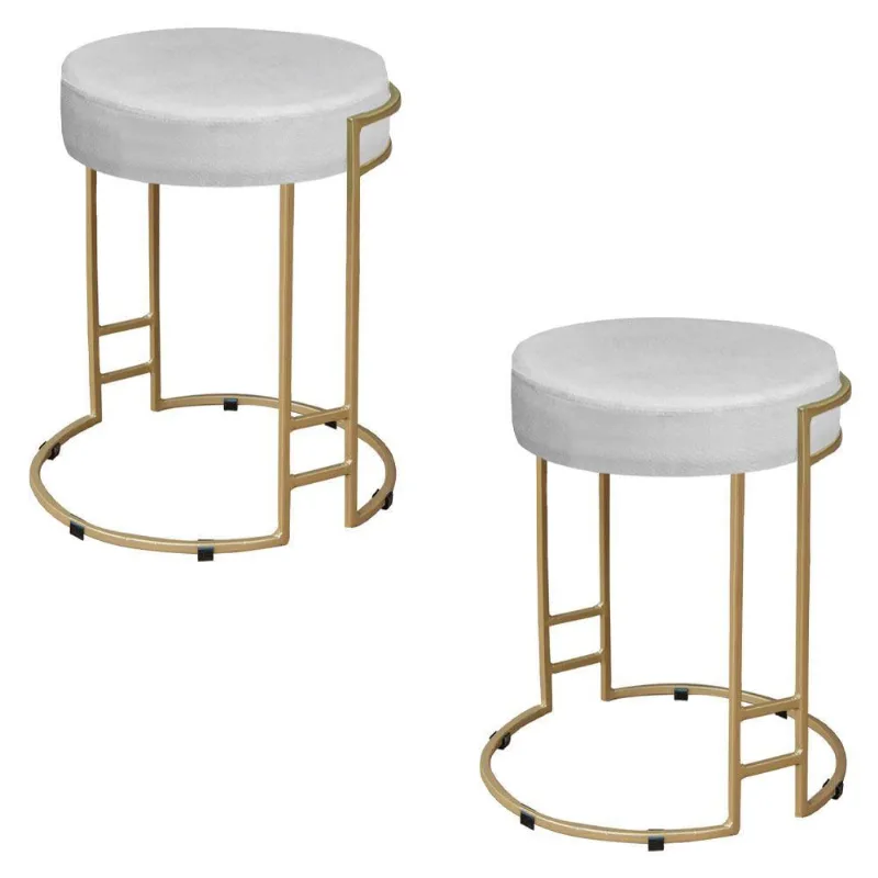 Kit 02 Puffs Dara Suede Base Industrial Dourado Branco