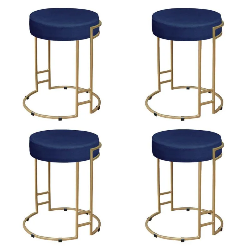 Kit 04 Puffs Dara Suede Azul Marinho Base Industrial Dourado
