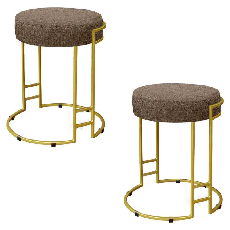 Kit 02 Puffs Dara Linho Marrom Base Industrial Dourado