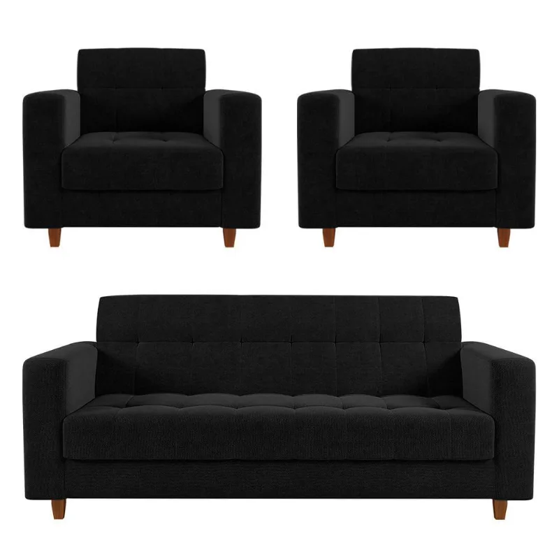 Kit Sofá 03 Lugares 02 Poltronas Preto A79