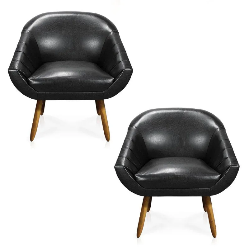Kit 02 Poltronas Giovana Corano Preto Pés Palito Castanho