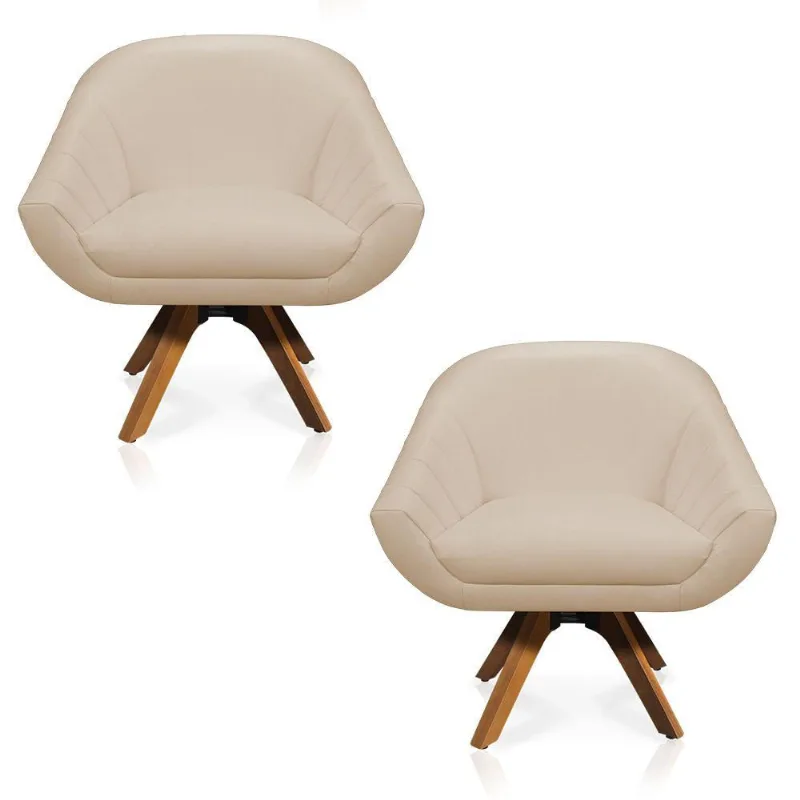 Kit 02 Poltronas Giratória Giovana Corino Base Madeira Mm30