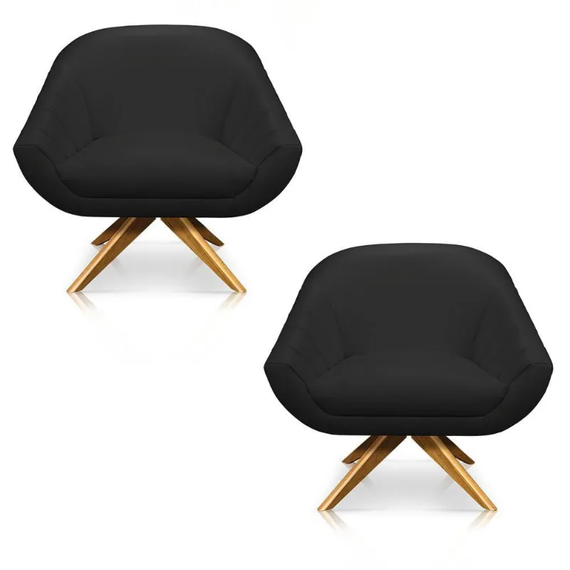 Kit 02 Poltronas Giratória Giovana Corino Preto Base Madeira