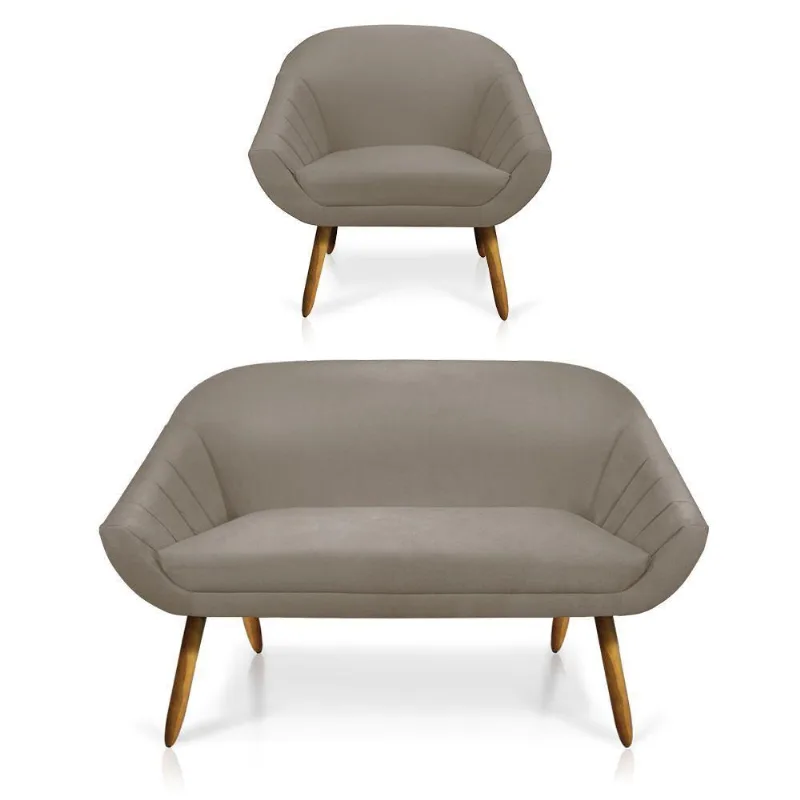 Kit 01 Namoradeira 02 Lugares e 01 Poltrona Giovana Suede Marrom Rato Castanho