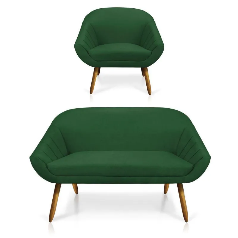 Kit 01 Namoradeira 02 Lugares e 01 Poltrona Giovana Suede Verde Castanho