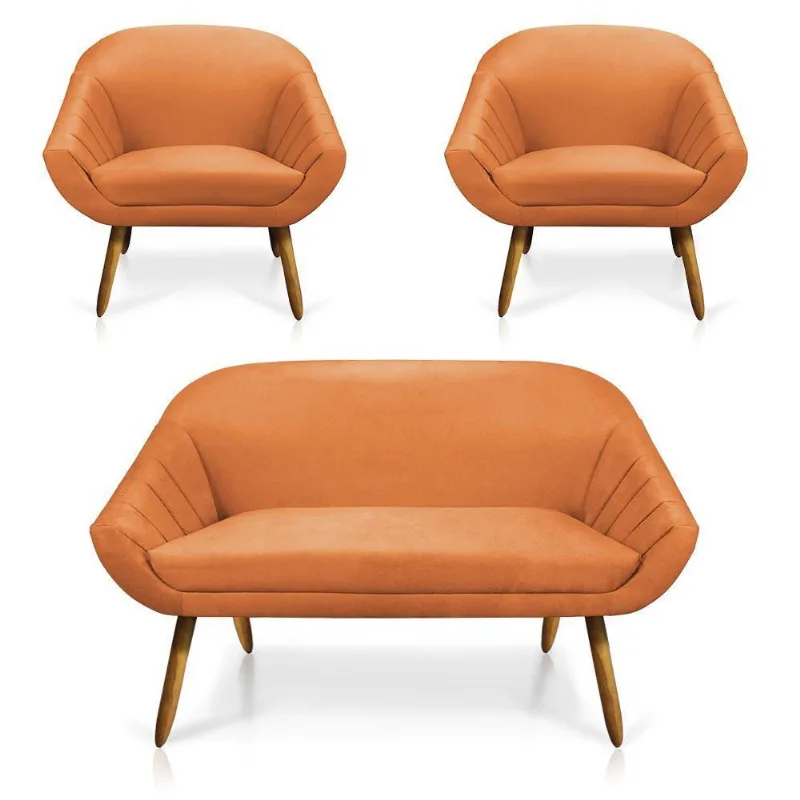 Kit 01 Namoradeira 02 Lugares e 02 Poltronas Giovana Suede Telha Castanho