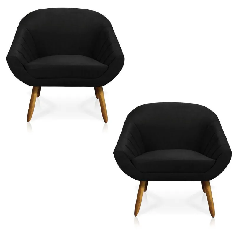 Kit 02 Poltronas Giovana Suede Preto Pés Palito Castanho