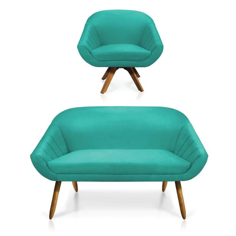 Kit 01 Namoradeira 02 Lugares E 01 Poltrona Giovana Suede Azul Turquesa