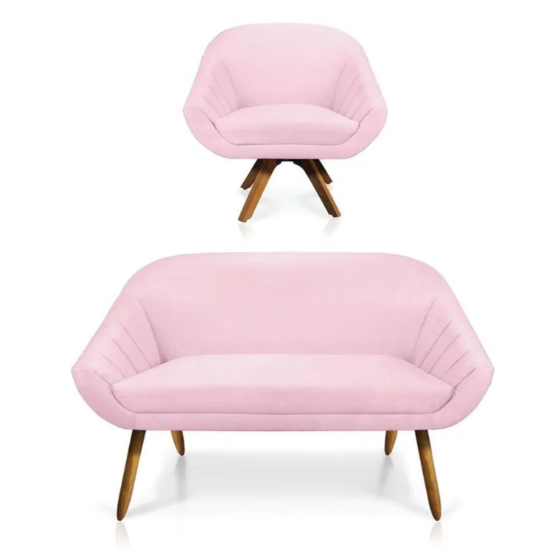 Kit 01 Namoradeira 02 Lugares E 01 Poltrona Giovana Suede Rosa Bebê