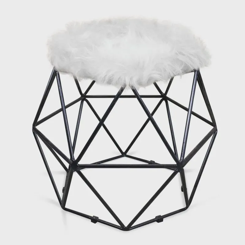 Puff Aramado Hexágono Pelucia Branco Base Preto - D'Rossi