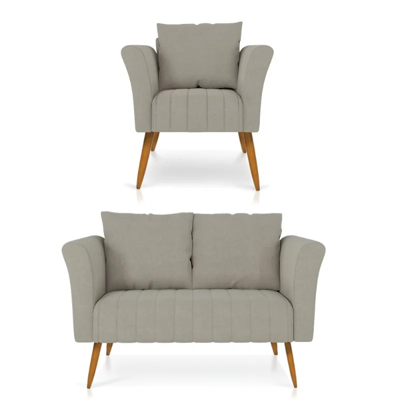 Kit 01 Namoradeira 02 Lugares e 01 Poltrona Marilia Linho Pés Palito Castanho - D'Rossi A120 Prata - DRossi