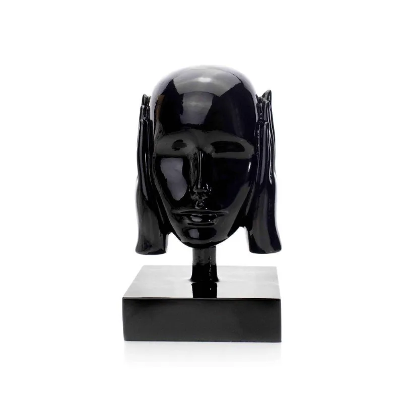 Escultura Máscara Rosto Surdo Em Cerâmica Preto 25x15 Cm - D'rossi