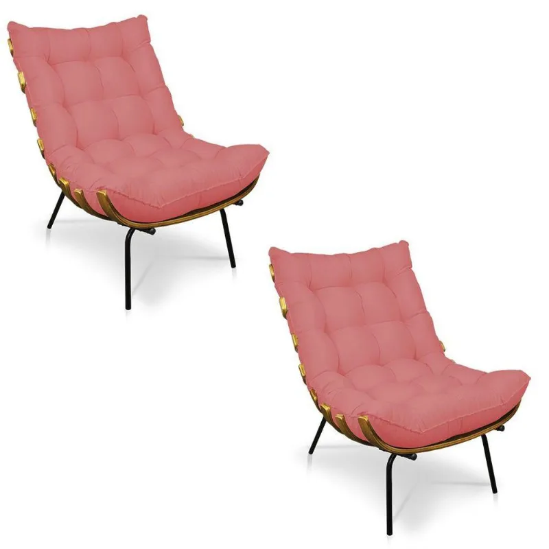 Kit 02 Poltronas Costela Linho Base De Metal - D'Rossi A106 Whiski Rose