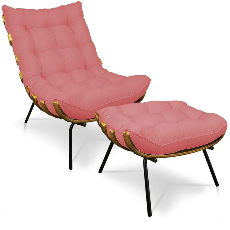 Kit 01 Poltrona E 01 Puff Costela Linho Whiski Rose A106 Base De Metal - D'Rossi