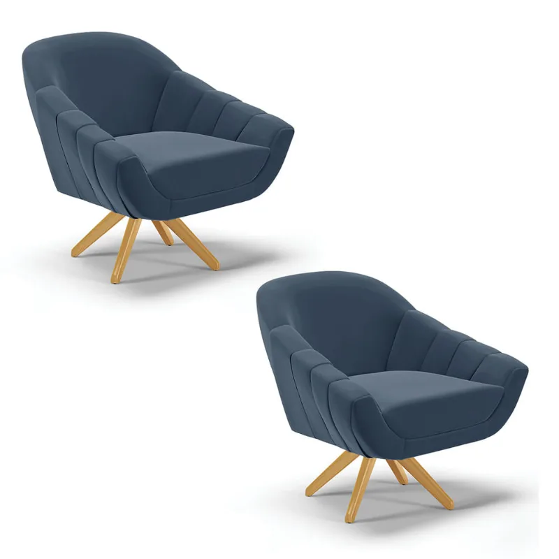 Kit 02 Poltronas Giratória Giovana Suede Azul Marinho Base Madeira MA30 - D'Rossi - DRossi