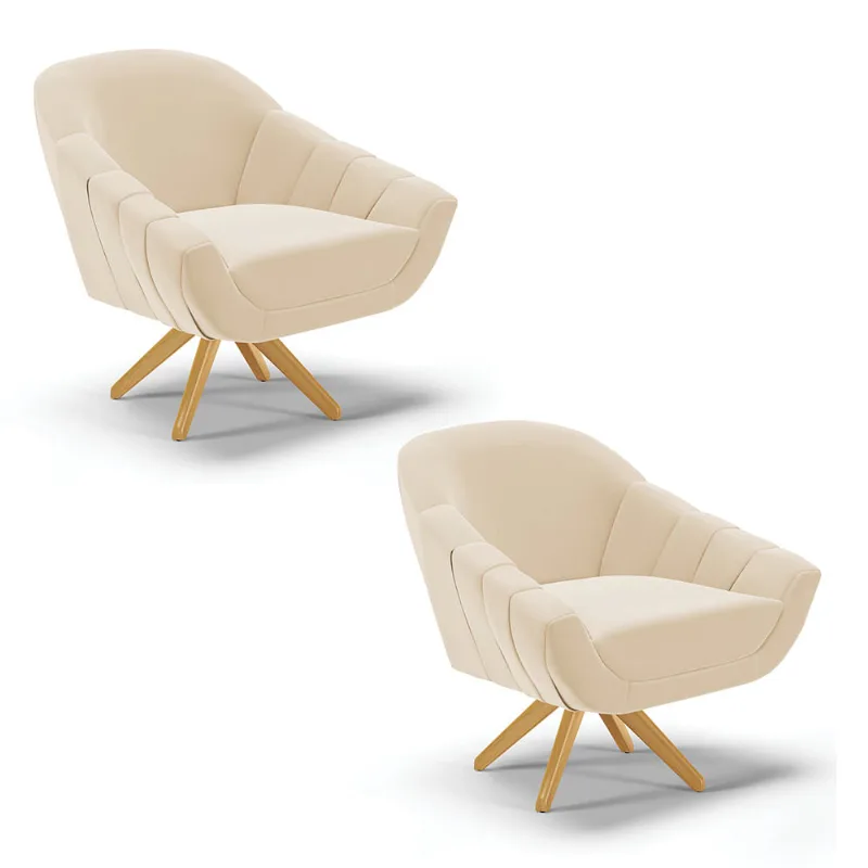 Kit 02 Poltronas Giratória Giovana Suede Bege Base Madeira MA30 - D'Rossi - DRossi