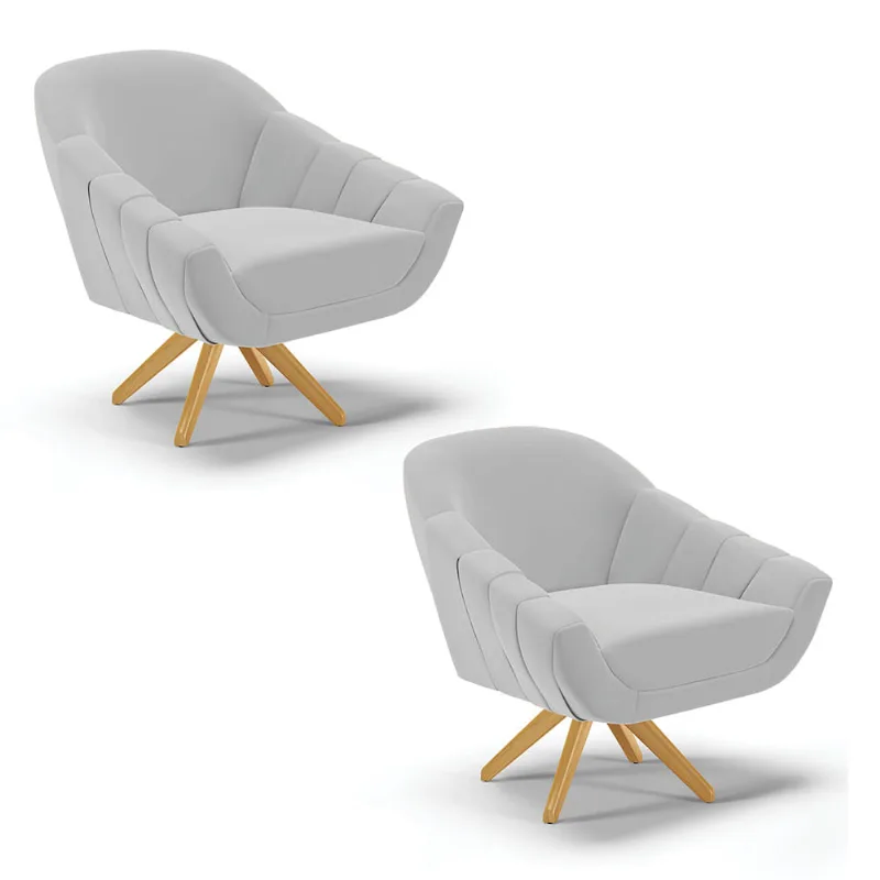 Kit 02 Poltronas Giratória Giovana Suede Cinza Base Madeira MA30 - D'Rossi - DRossi