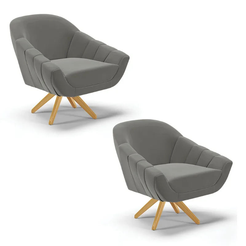 Kit 02 Poltronas Giratória Giovana Suede Grafite Base Madeira MA30 - D'Rossi - DRossi