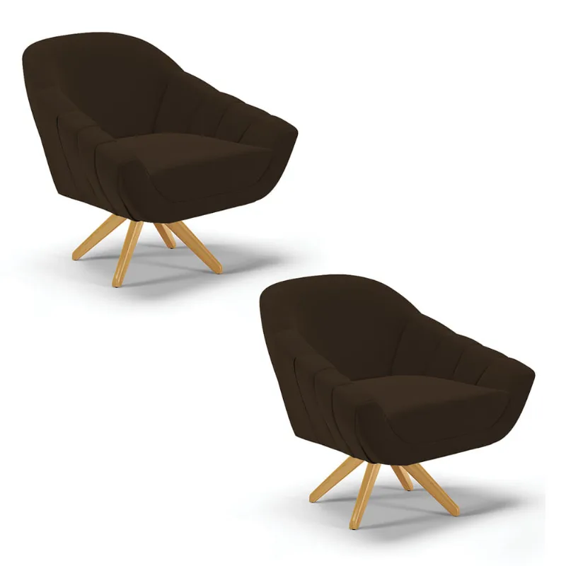 Kit 02 Poltronas Giratória Giovana Suede Marrom Base Madeira MA30 - D'Rossi - DRossi