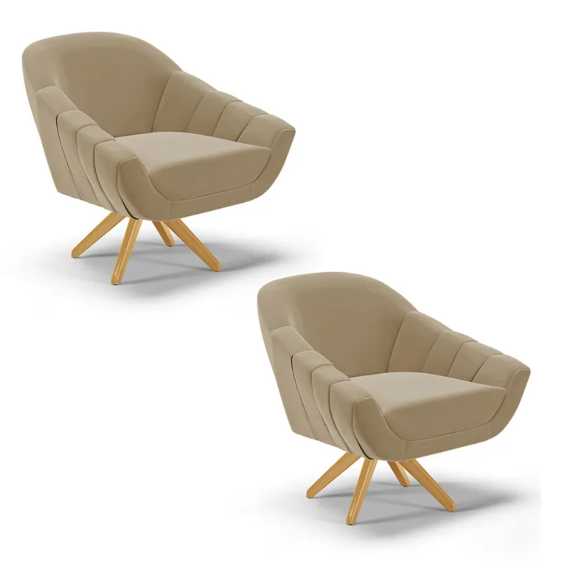 Kit 02 Poltronas Giratória Giovana Suede Marrom Rato Base Madeira MA30 - D'Rossi - DRossi