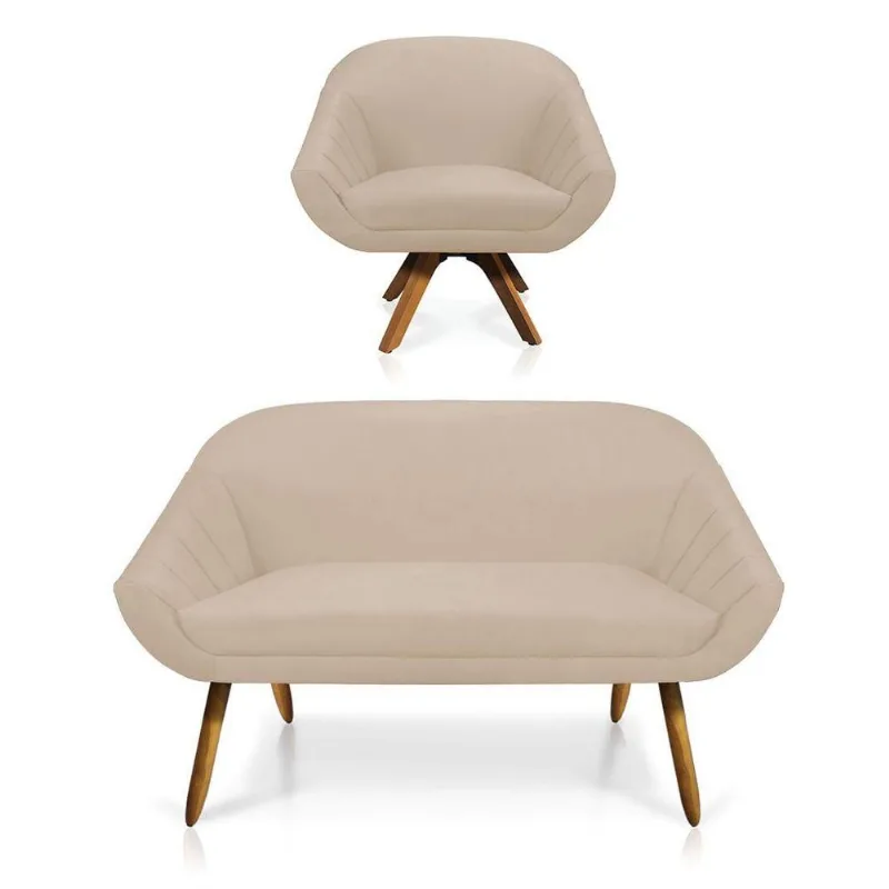 Kit 01 Namoradeira 02 Lugares E 01 Poltrona Giovana Suede Bege