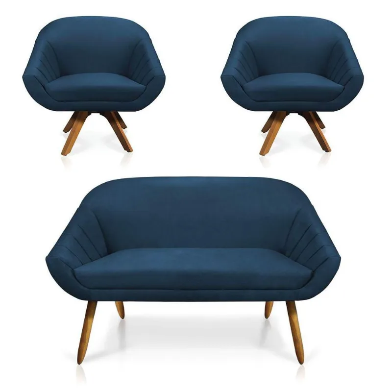 Kit 01 Namoradeira 02 Lugares E 02 Poltronas Giovana Suede Azul Marinho