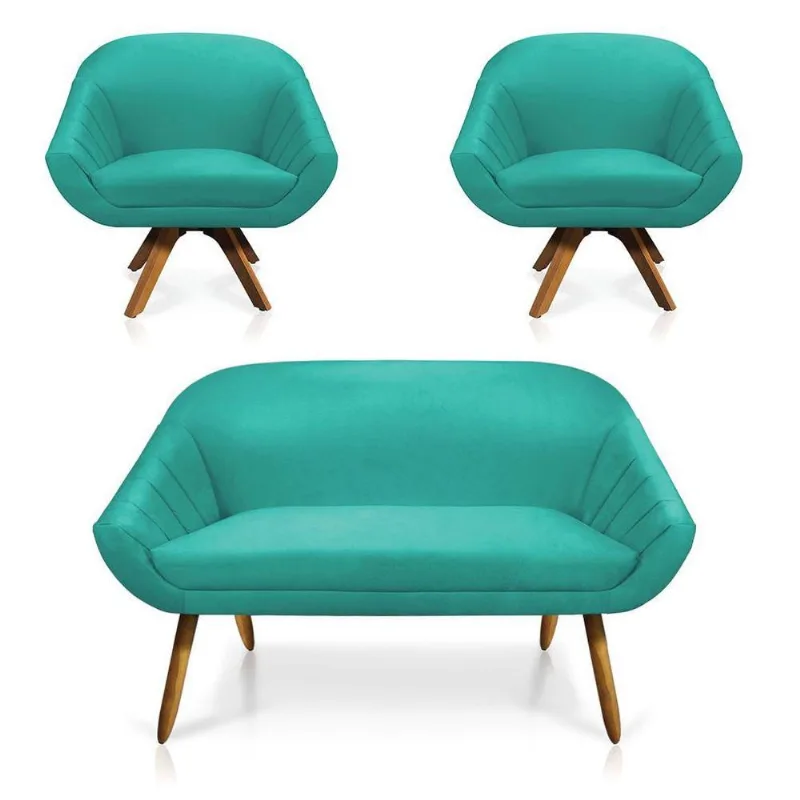 Kit 01 Namoradeira 02 Lugares E 02 Poltronas Giovana Suede Azul Turquesa