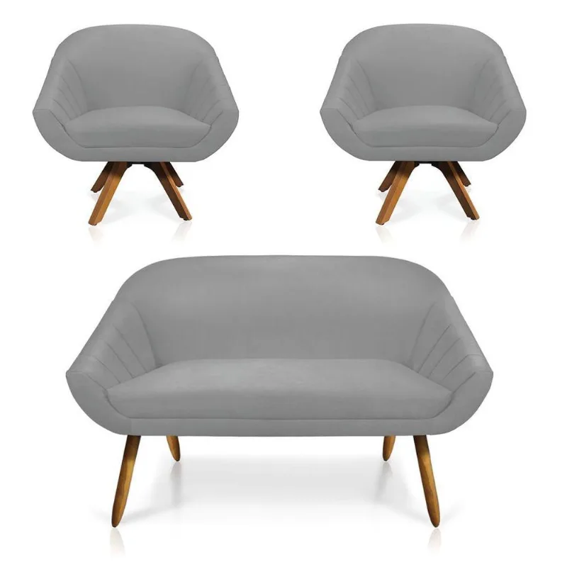 Kit 01 Namoradeira 02 Lugares E 02 Poltronas Giovana Suede Cinza