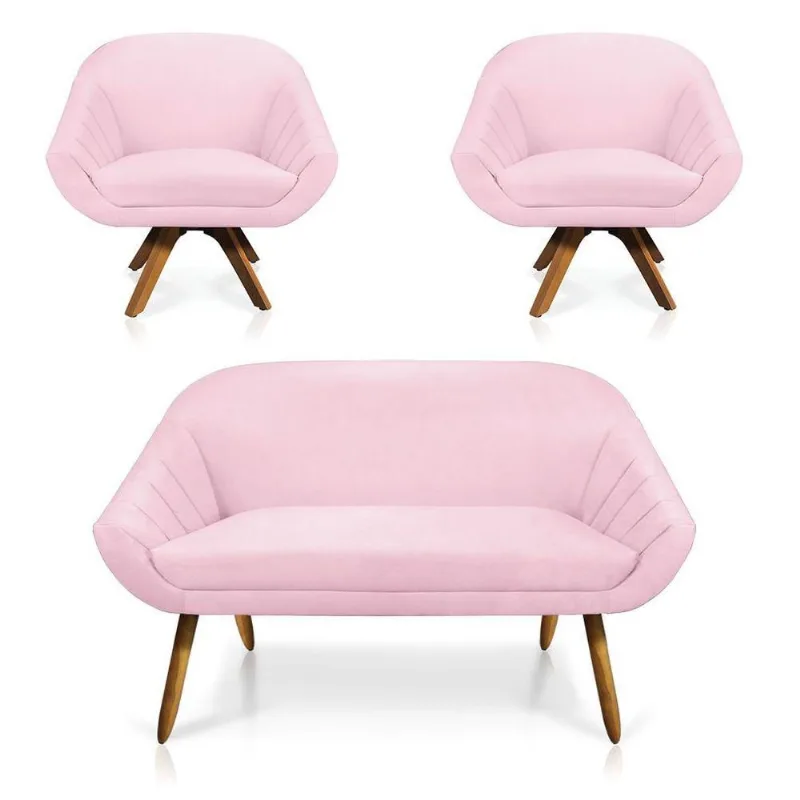 Kit 01 Namoradeira 02 Lugares E 02 Poltronas Giovana Suede Rosa Bebê