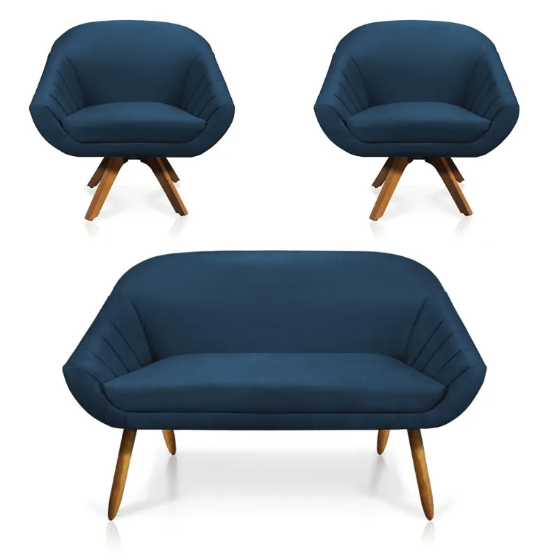 Kit 01 Namoradeira 02 Lugares e 02 Poltronas Giratória Giovana Suede Base Madeira MM30 - D'Rossi Azul Marinho - DRossi