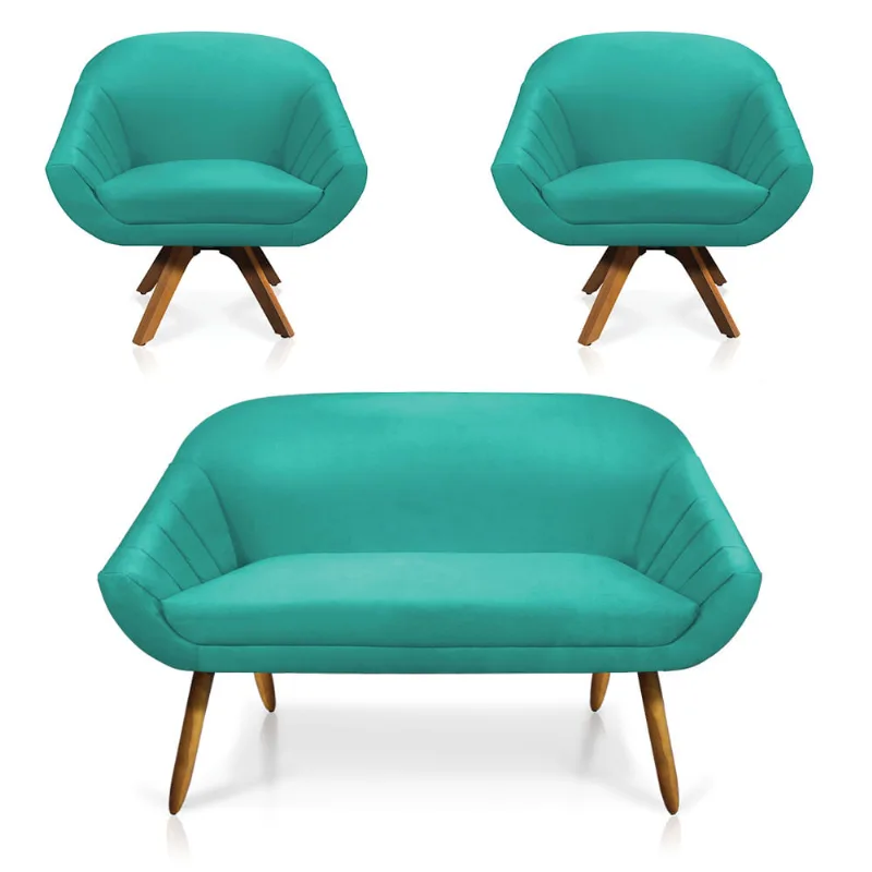 Kit 01 Namoradeira 02 Lugares e 02 Poltronas Giratória Giovana Suede Base Madeira MM30 - D'Rossi Azul Turquesa - DRossi