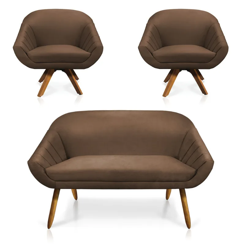 Kit 01 Namoradeira 02 Lugares e 02 Poltronas Giratória Giovana Suede Base Madeira MM30 - D'Rossi Marrom - DRossi