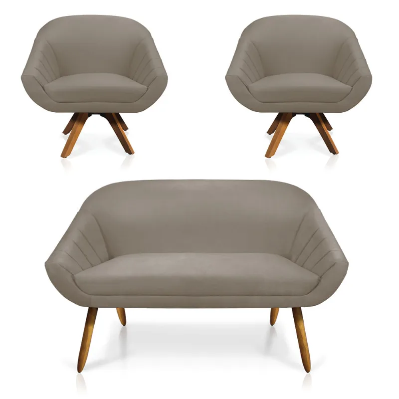 Kit 01 Namoradeira 02 Lugares e 02 Poltronas Giratória Giovana Suede Base Madeira MM30 - D'Rossi Marrom Rato - DRossi