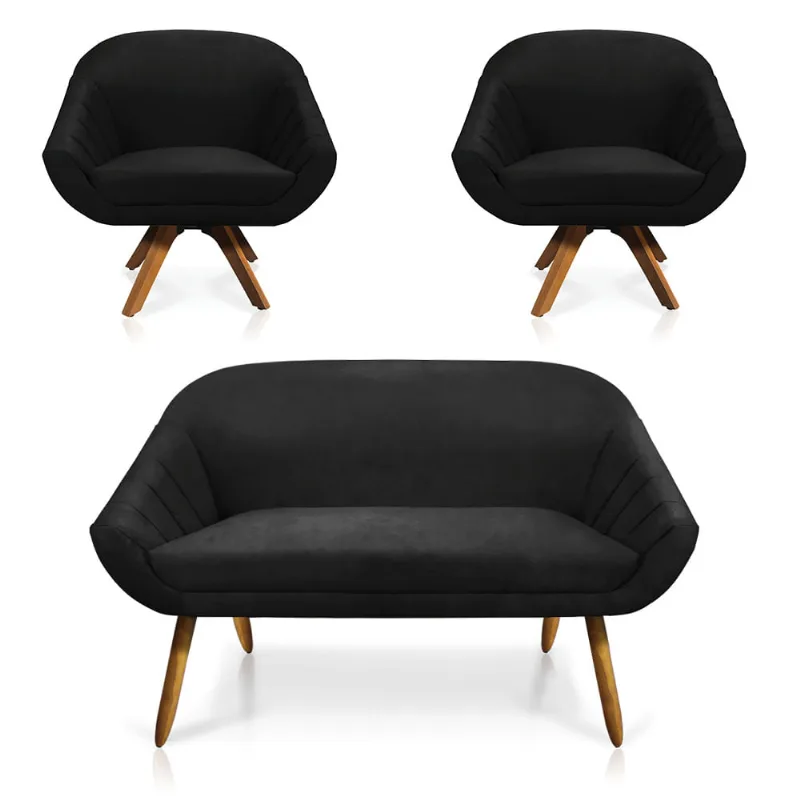 Kit 01 Namoradeira 02 Lugares e 02 Poltronas Giratória Giovana Suede Base Madeira MM30 - D'Rossi Preto - DRossi