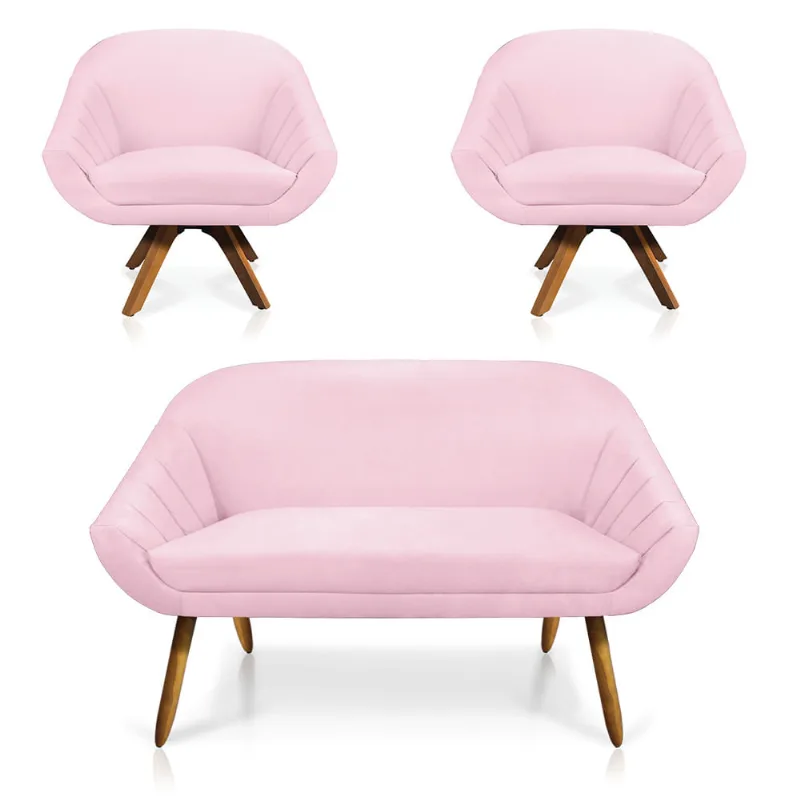 Kit 01 Namoradeira 02 Lugares e 02 Poltronas Giratória Giovana Suede Base Madeira MM30 - D'Rossi Rosa Bebê - DRossi