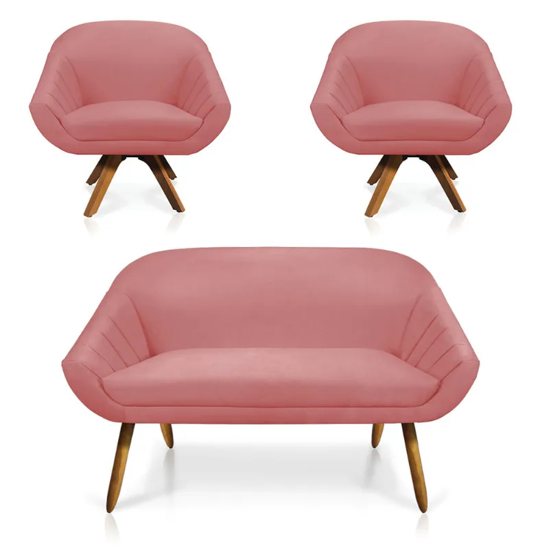 Kit 01 Namoradeira 02 Lugares e 02 Poltronas Giratória Giovana Suede Base Madeira MM30 - D'Rossi Rose - DRossi